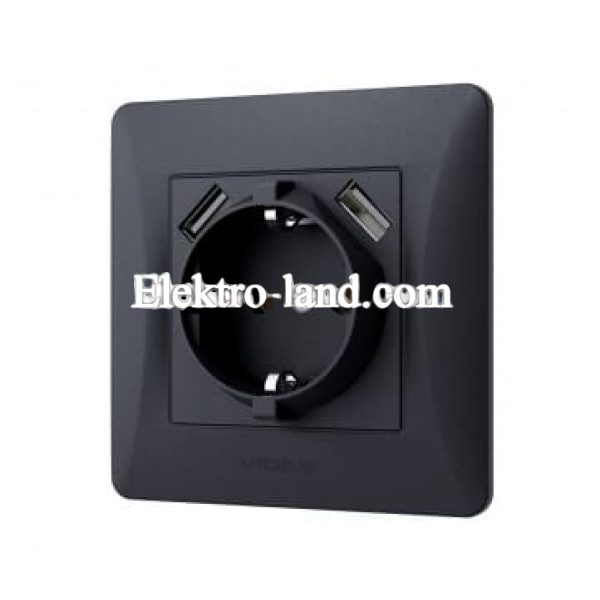 Розетка одинарная с заземлением и 2USB черный графит Videx Binera 